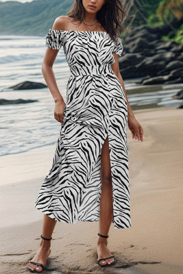 Zebra Print Off Shoulder Split Maxi Dress