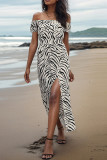 Zebra Print Off Shoulder Split Maxi Dress