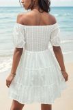 White Eyelet Smocked Off Shoulder Ruffles Dress