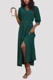 Dark Green V Neck Buttoned Maxi Dress With Sash