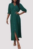 Dark Green V Neck Buttoned Maxi Dress With Sash