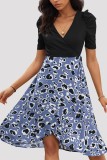 Black With Blue Leopard Wrap V Neck Puff Dress