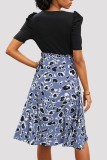 Black With Blue Leopard Wrap V Neck Puff Dress