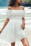 White Eyelet Smocked Off Shoulder Ruffles Dress