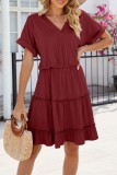 Plain Textured V Neck High Wasit Ruffles Dress