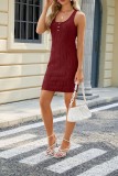 Plain Textured Buttoned Sleeveless Tank Dress