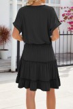 Plain Textured V Neck High Wasit Ruffles Dress