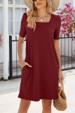 Plain Textured Square Neck Puff Dress