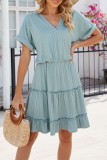 Plain Textured V Neck High Wasit Ruffles Dress