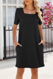 Plain Textured Square Neck Puff Dress
