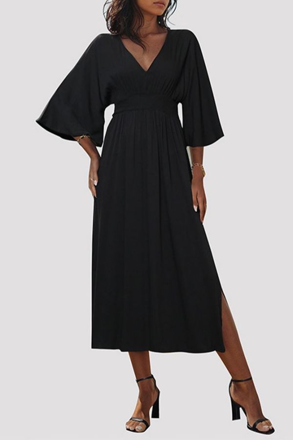 Black V Neck Half Sleeves Split Dress