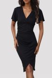 Black V Neck Split Dress