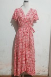 Printed Wrap V Neck Split Maxi Dress