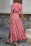 Printed Wrap V Neck Split Maxi Dress