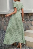Printed Wrap V Neck Split Maxi Dress