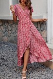 Printed Wrap V Neck Split Maxi Dress