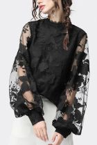 Black Texured Flower Sheer Sleeves Blouse