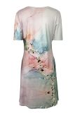 Watercolor Print Short Sleeves Dress