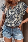 Printed Hollow Out Ve Neck Flare Sleeves Blouse