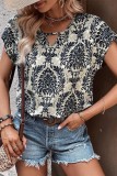 Printed Hollow Out Ve Neck Flare Sleeves Blouse