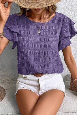 Plain Textured Dual Ruffles Sleeves Blouse
