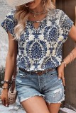 Printed Hollow Out Ve Neck Flare Sleeves Blouse
