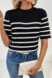 Buttoned Stripe Knit Short Sleeves Sweater