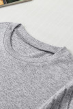 Gray Ribbed Splicing Sleeve Round Neck T-shirt