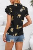 Leopard Pattern Print Split Collar Ruffles Sleeves Blouse