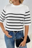 Buttoned Stripe Knit Short Sleeves Sweater