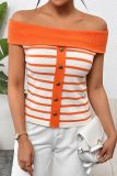 Off Shoulder Stripes Button Up Knitting Top