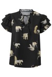 Leopard Pattern Print Split Collar Ruffles Sleeves Blouse