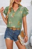 Leopard Pattern Print Split Collar Ruffles Sleeves Blouse