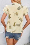 Leopard Pattern Print Split Collar Ruffles Sleeves Blouse