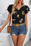 Leopard Pattern Print Split Collar Ruffles Sleeves Blouse
