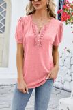 Plain Buttoned V Neck Frilled Short Sleeves Top
