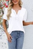 Plain Buttoned V Neck Frilled Short Sleeves Top