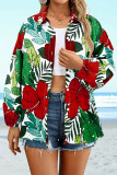 Tropical Flower Print Button Lantern Sleeves Blouse