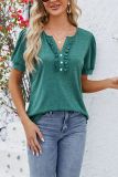 Plain Buttoned V Neck Frilled Short Sleeves Top