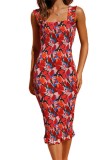 Red Floral Print Ruffle Dress