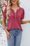 Plain Buttoned V Neck Frilled Short Sleeves Top