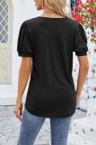 Plain Buttoned V Neck Frilled Short Sleeves Top