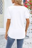 Plain Buttoned V Neck Frilled Short Sleeves Top