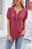 Plain Buttoned V Neck Frilled Short Sleeves Top