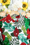 Tropical Flower Print Button Lantern Sleeves Blouse