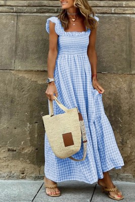 Blue Plaid Square Neck Ruffle Maxi Dress