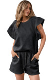 Black Textured Ruffled Sleeve Tee and Drawstring Shorts Set