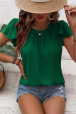 Dark Green Solid Color Textured Pleated Flutter Sleeve Blouse