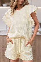 Apricot Textured Ruffled Sleeve Tee and Drawstring Shorts Set