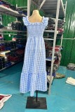 Blue Plaid Square Neck Ruffle Maxi Dress